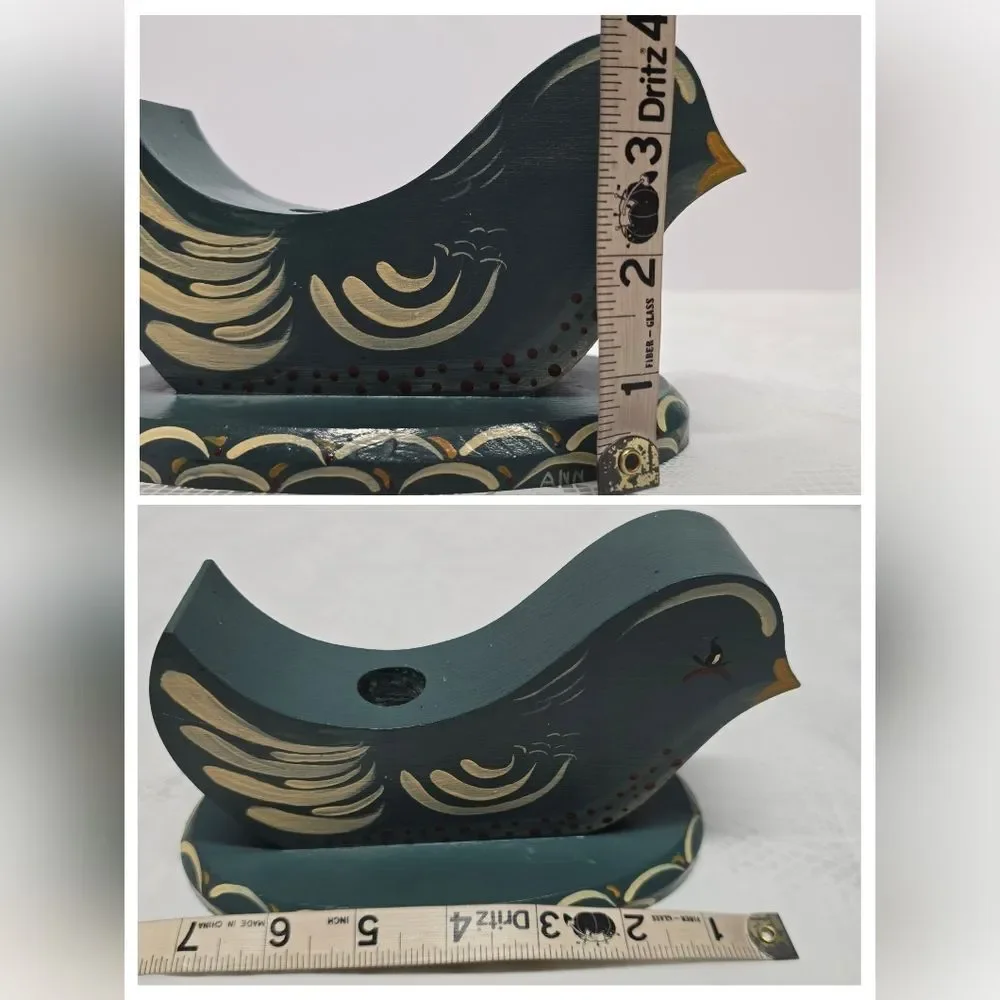 Vintage Sweden Signed Wooden Hand Painted Bird Shaped Blue Candle Holder 60s MCM